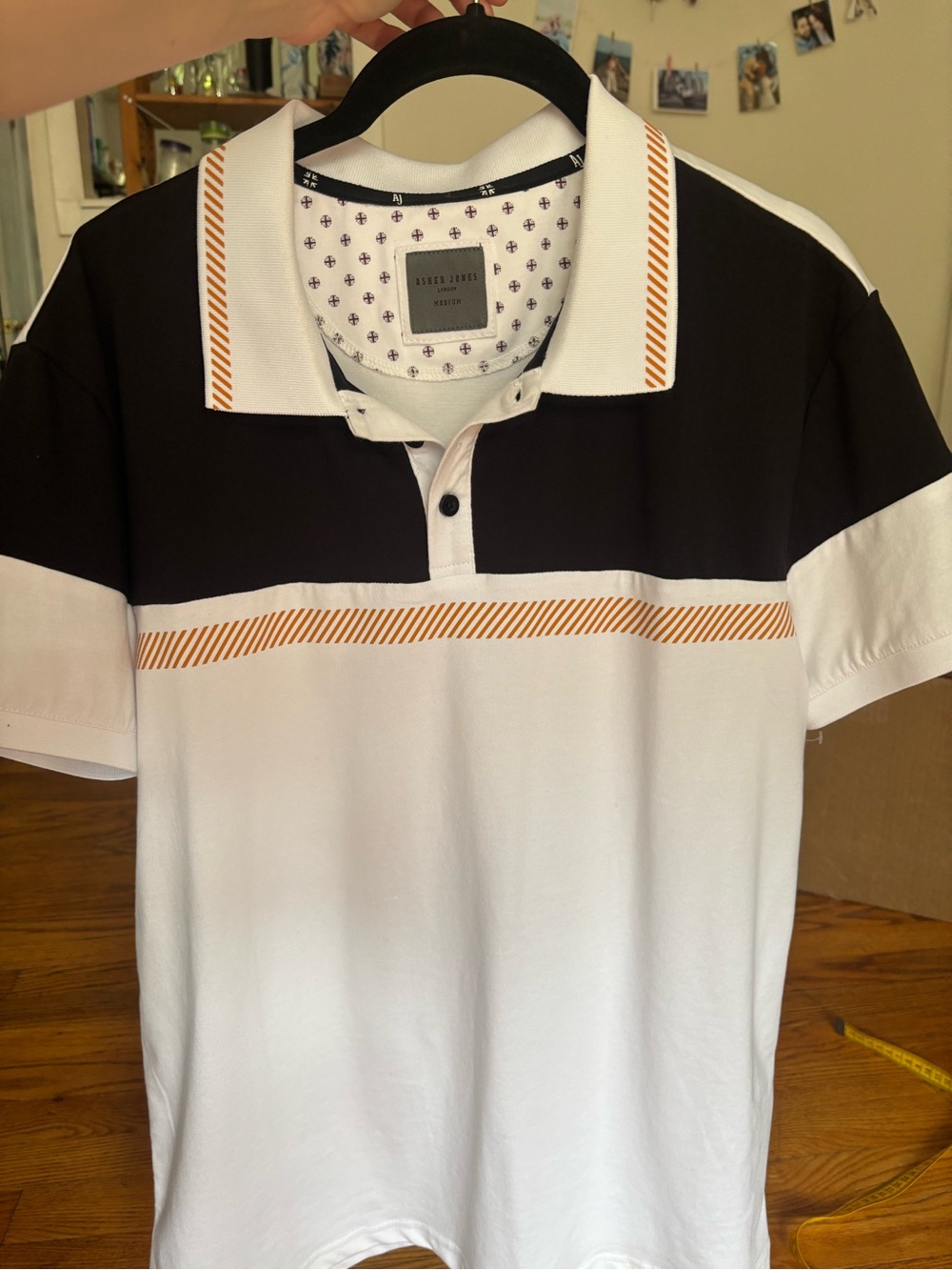 Asher Jones london Black, White & Orange men Striped Polo Shirt size M